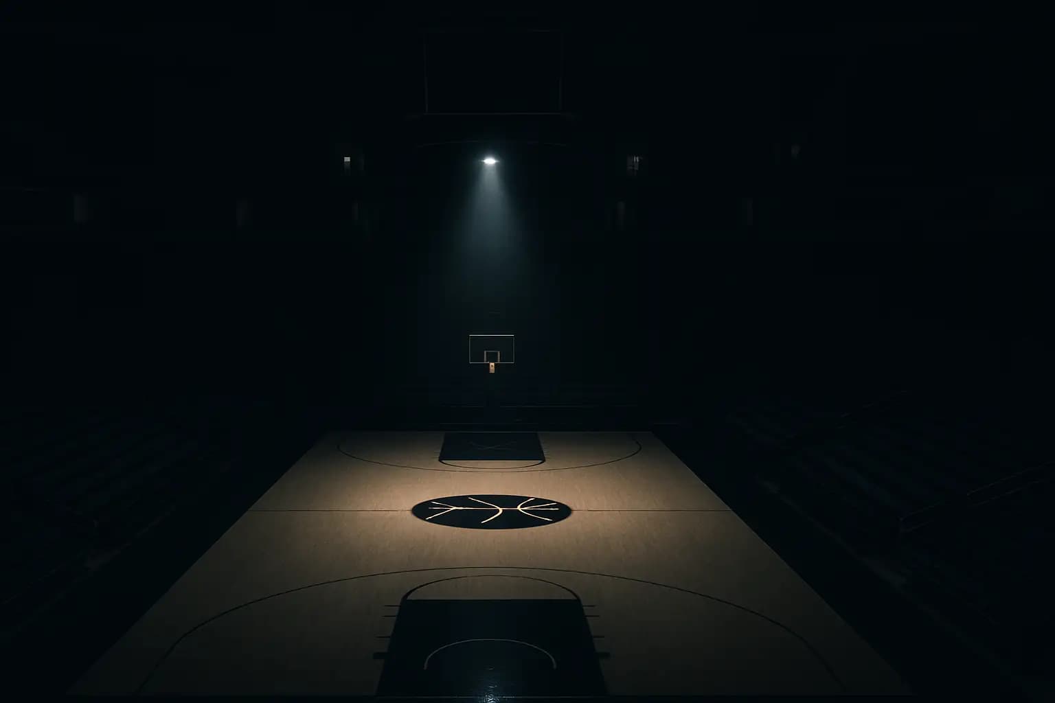 Empty college basketball arena with a spotlight shining on center court
