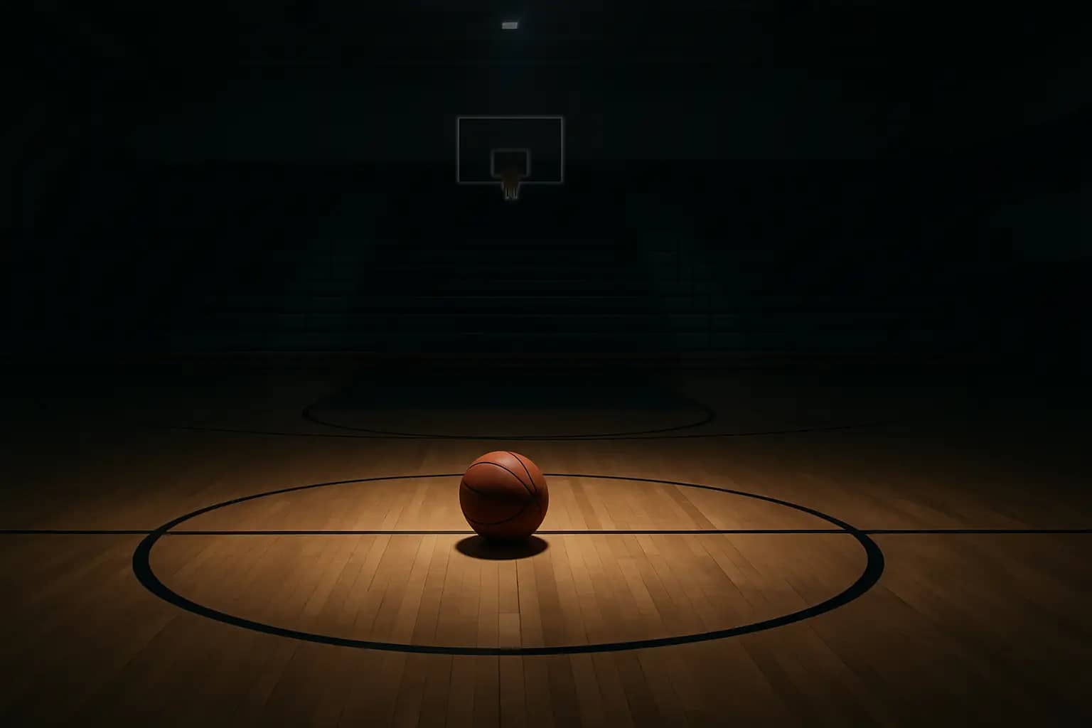 Empty college basketball court with a single basketball resting near the free-throw line under arena lights