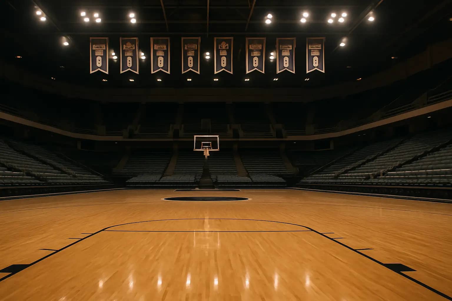 Empty college basketball arena with hardwood court and team banners hanging from the rafters
