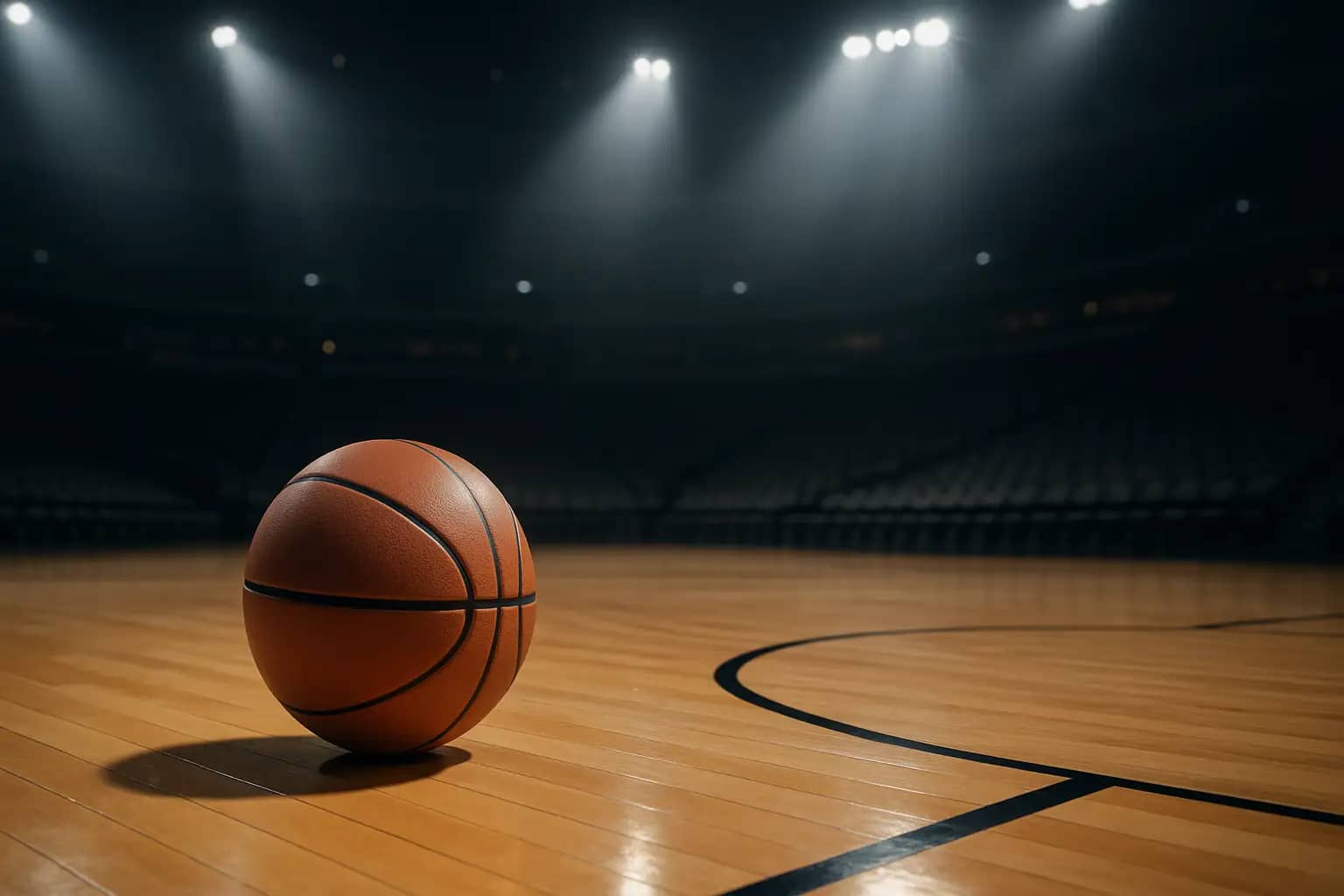 A basketball on a hardwood court near the three-point line under arena lighting