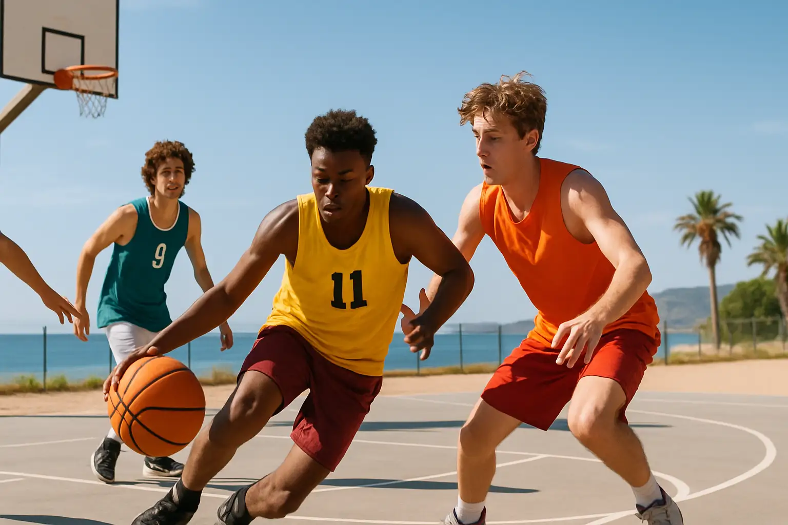High school basketball players competing in an outdoor summer tournament near the coast