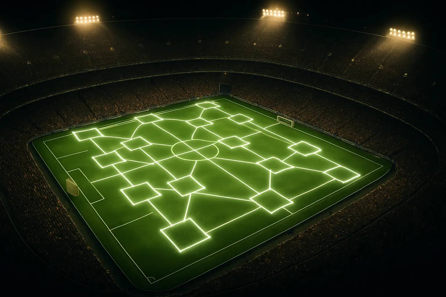 Digital blockchain network overlaid on a football stadium during a major tournament match