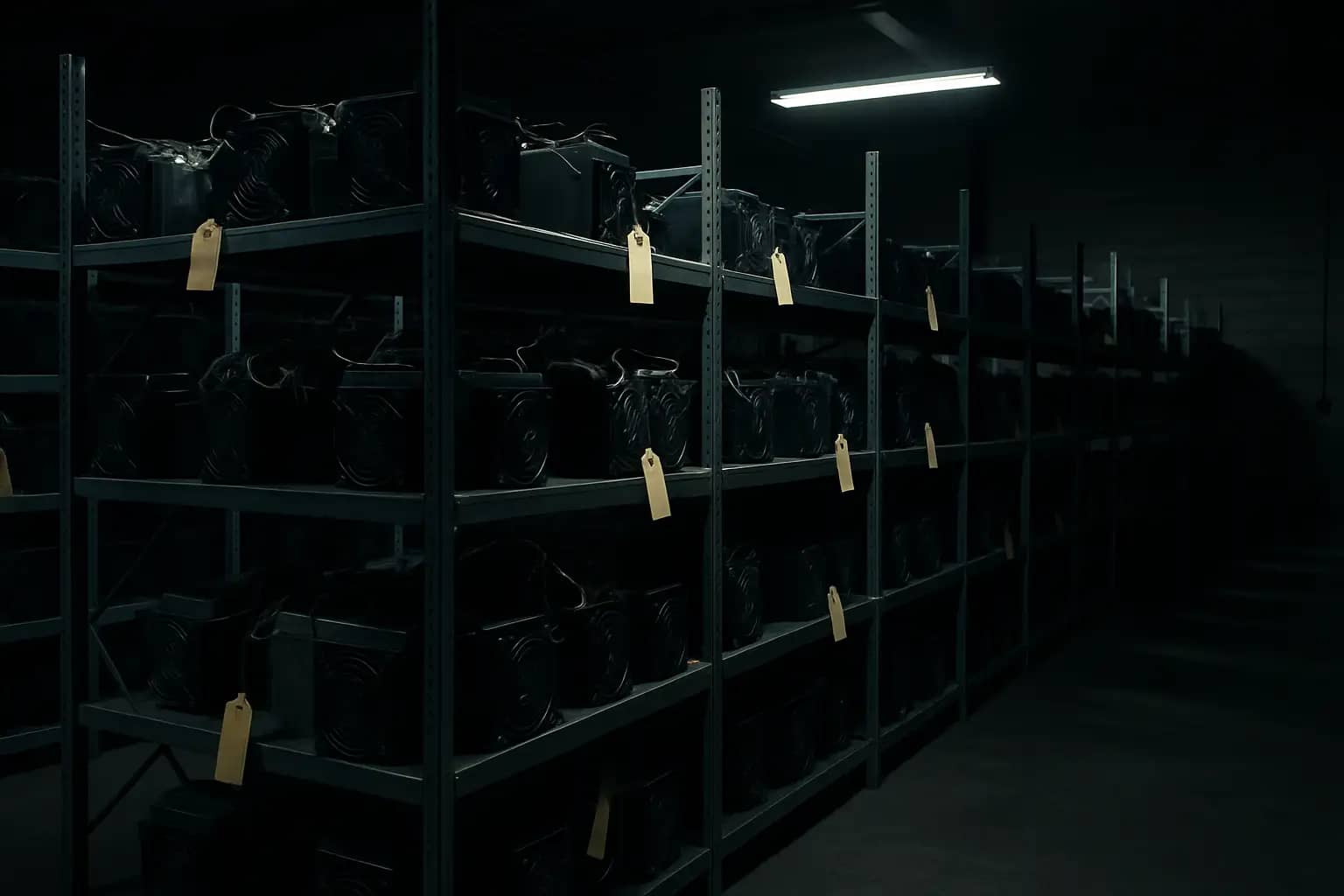 Rows of seized cryptocurrency machines lined up in a warehouse under fluorescent lights