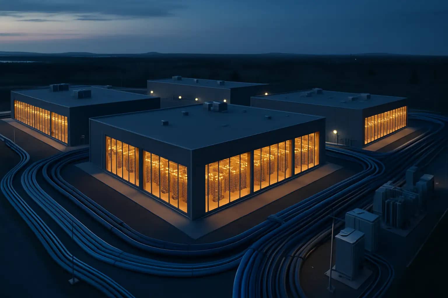 Aerial view of a modern data center facility surrounded by fiber optic cables and server hardware