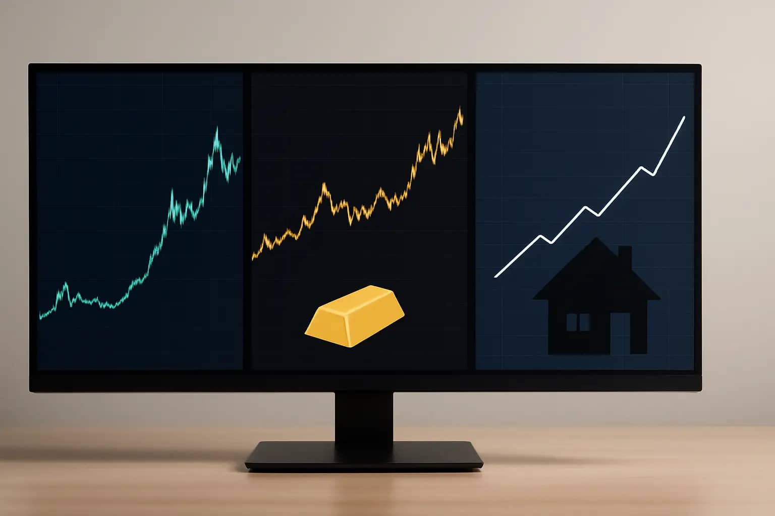 Multiple financial charts showing bitcoin, gold price movements and a house icon on a digital screen