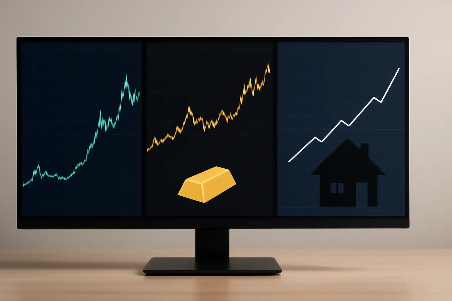 Multiple financial charts showing bitcoin, gold price movements and a house icon on a digital screen