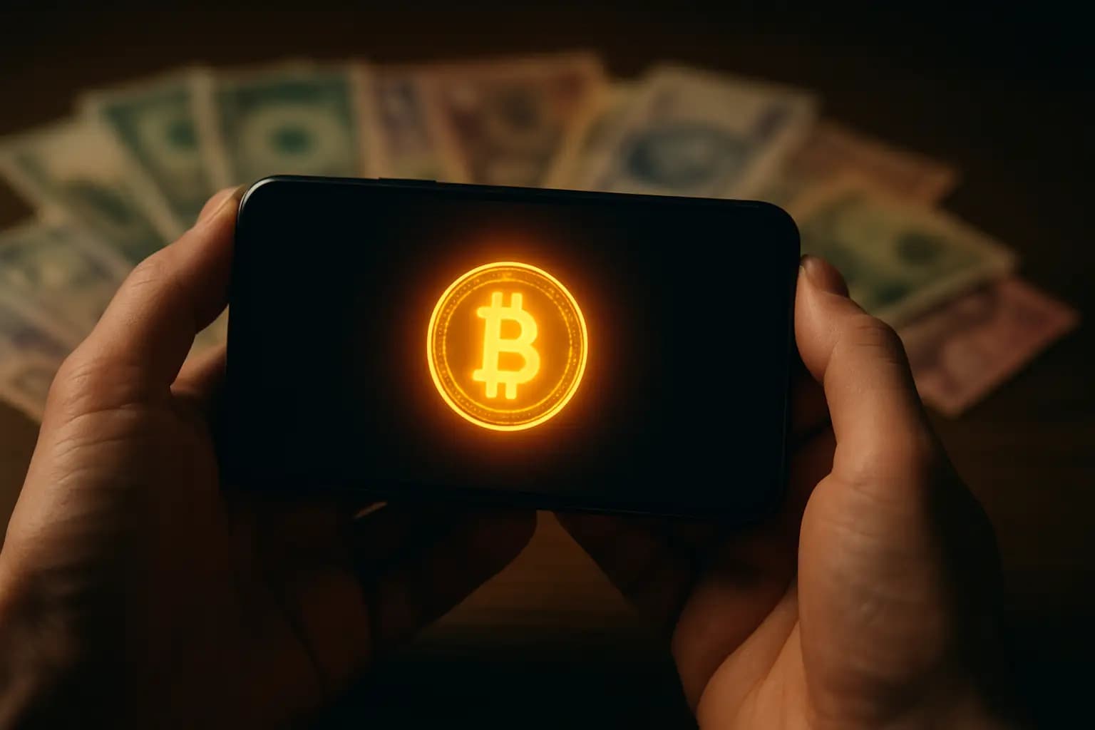 Person holding a smartphone displaying a Bitcoin symbol with currency notes in the background representing capital flight