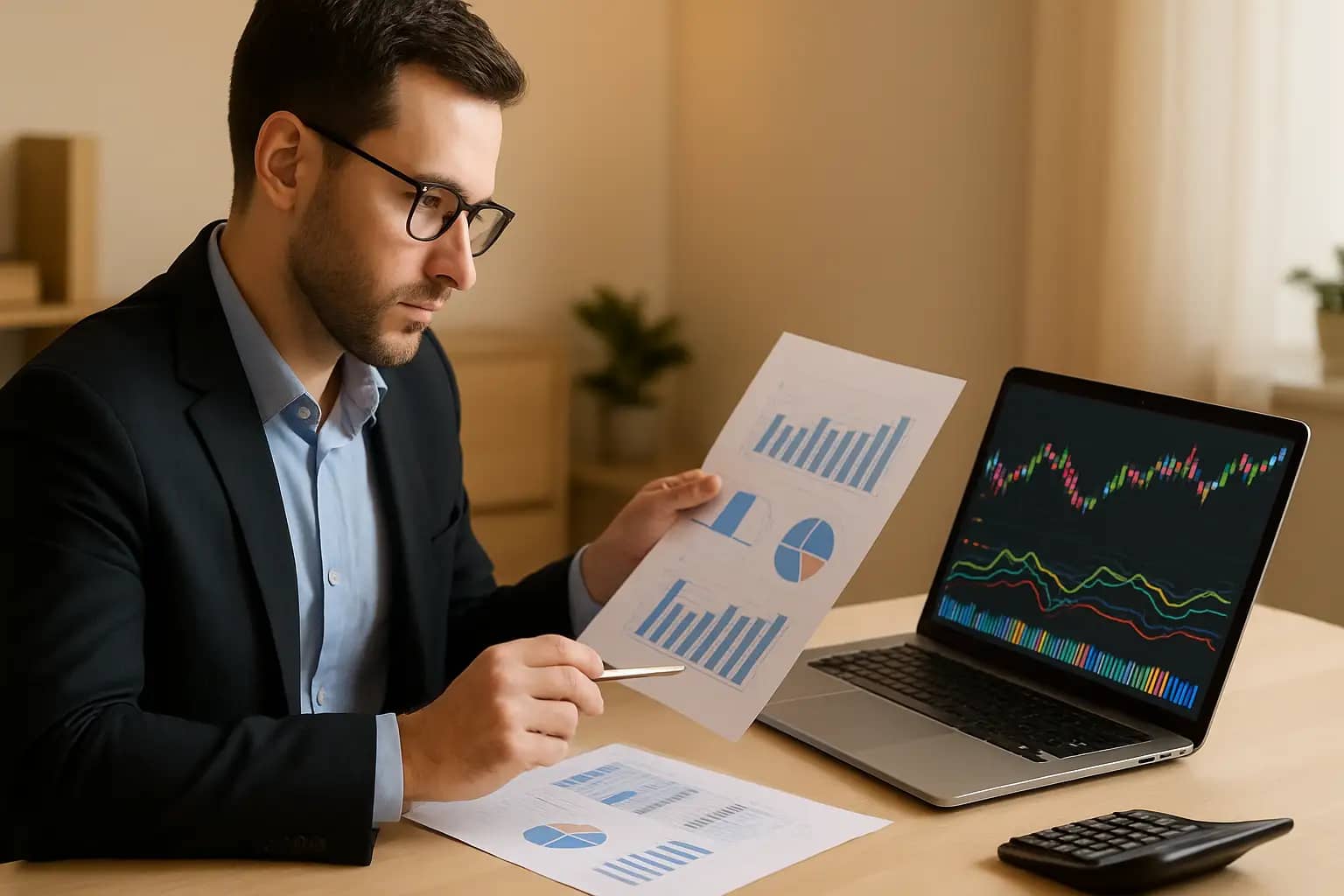 A certified public accountant reviewing cryptocurrency financial documents on a desk with digital charts in the background