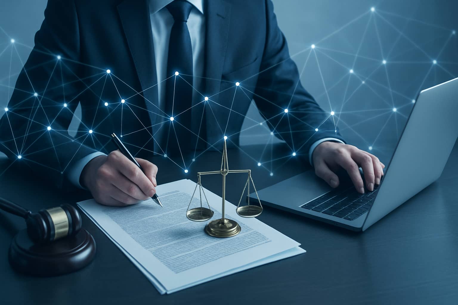 A legal professional reviewing blockchain code and regulatory documents at a modern desk