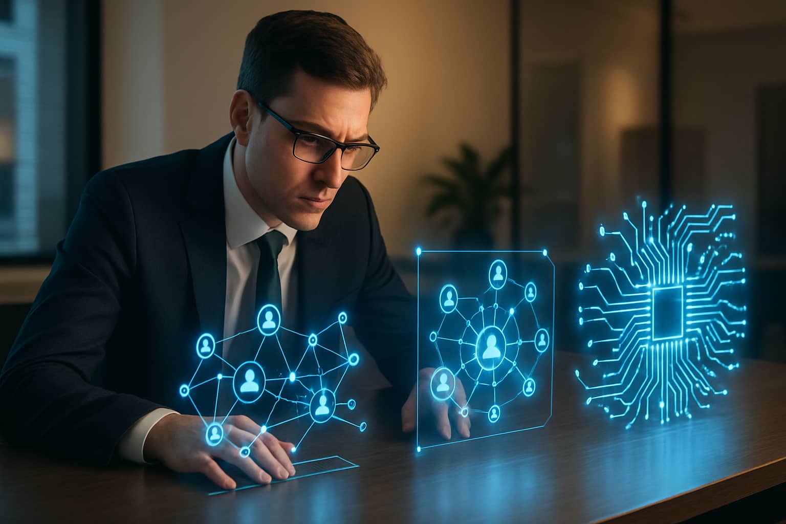 A lawyer reviewing blockchain diagrams and smart contract code at a modern desk