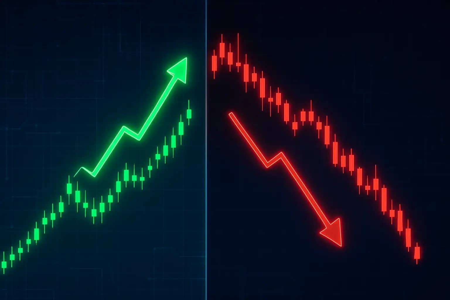 Abstract visualization of crypto market divergence with rising and falling token charts