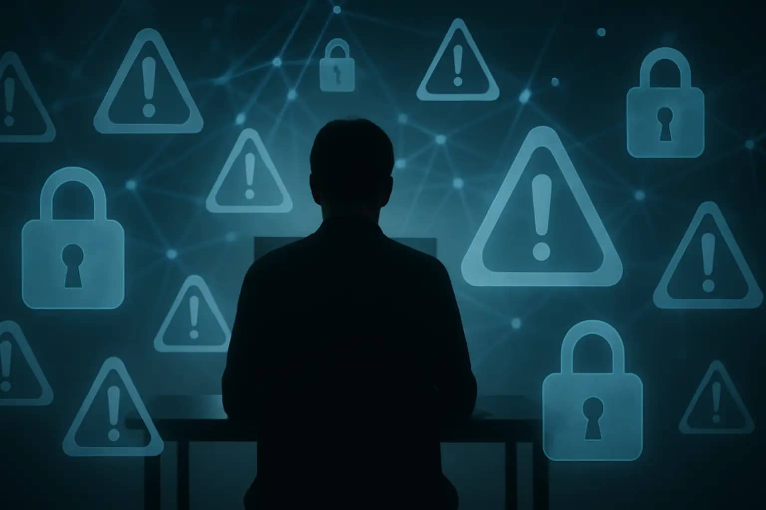 A person at a computer surrounded by digital lock icons and warning symbols representing cybersecurity risk