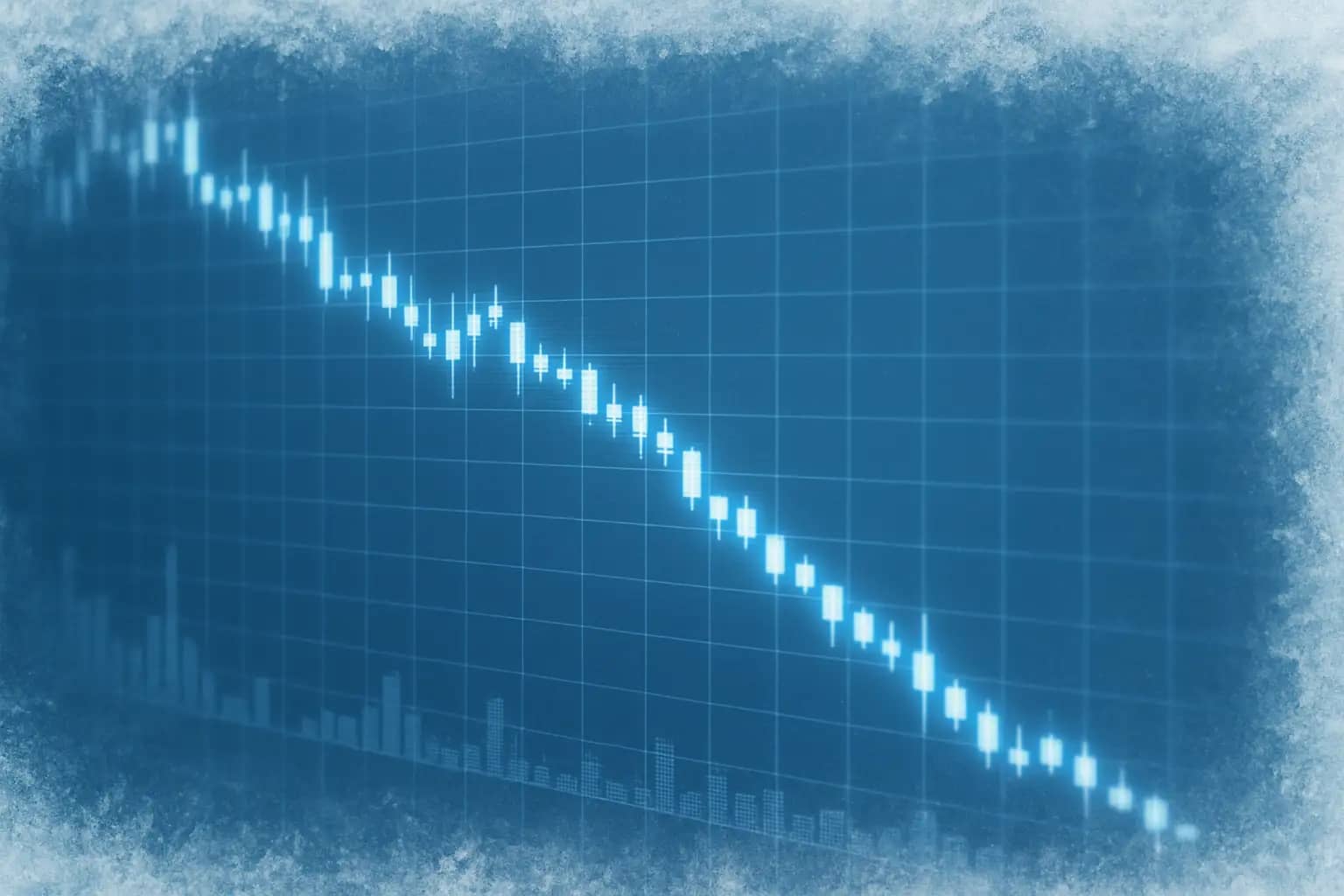 Abstract visualization of falling cryptocurrency prices with a cold blue winter color palette
