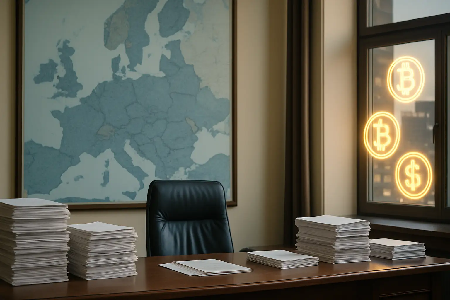 European financial regulation concept with digital currency symbols and official documents