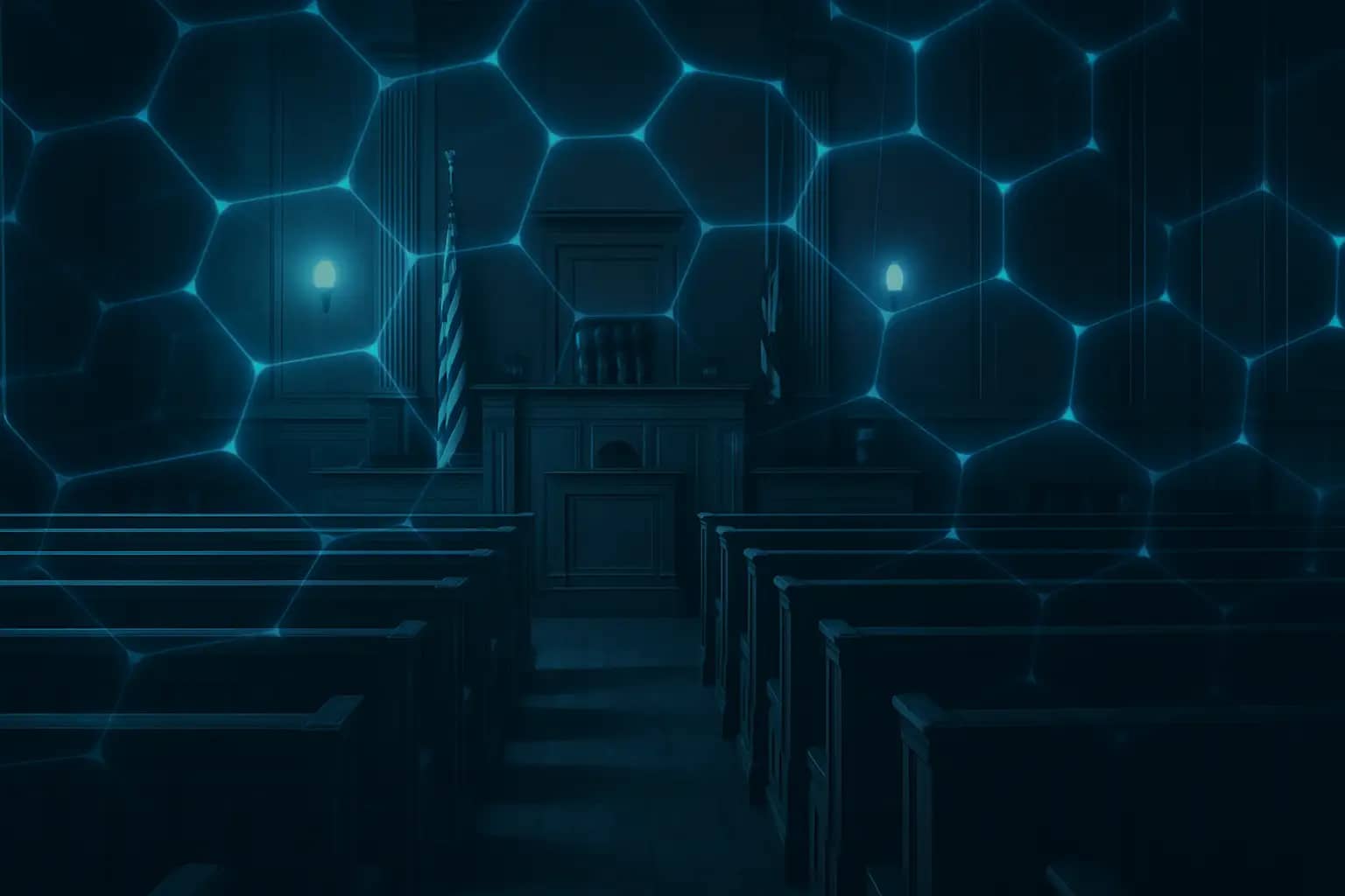 Courtroom scene with digital currency symbols on a screen in the background