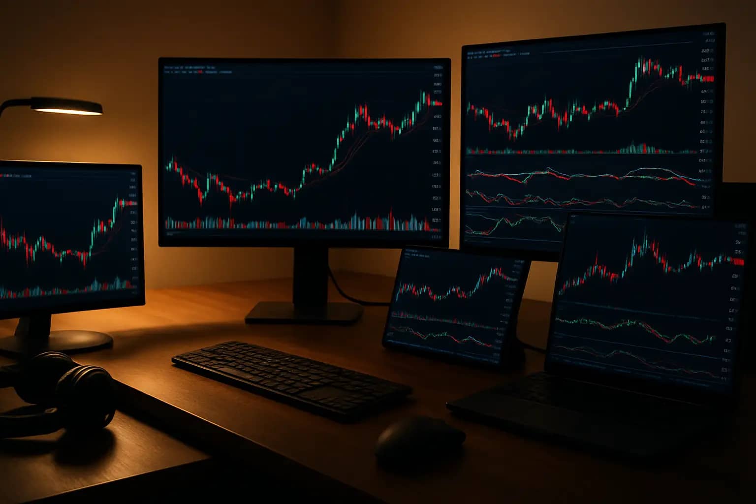 A glowing cryptocurrency symbol on a digital financial news screen in a modern trading environment