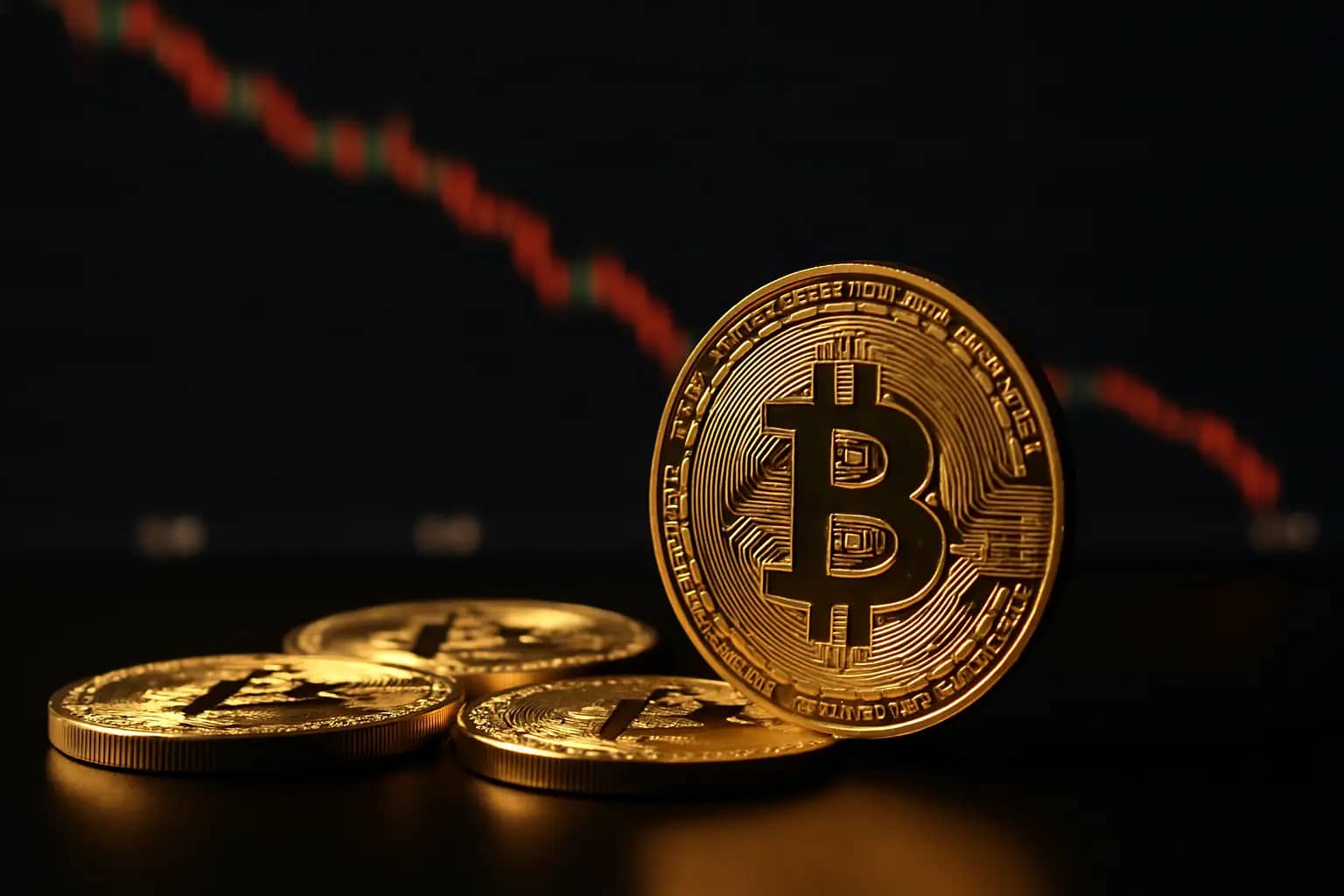A stack of gold Bitcoin coins on a dark surface with a downward price chart in the background