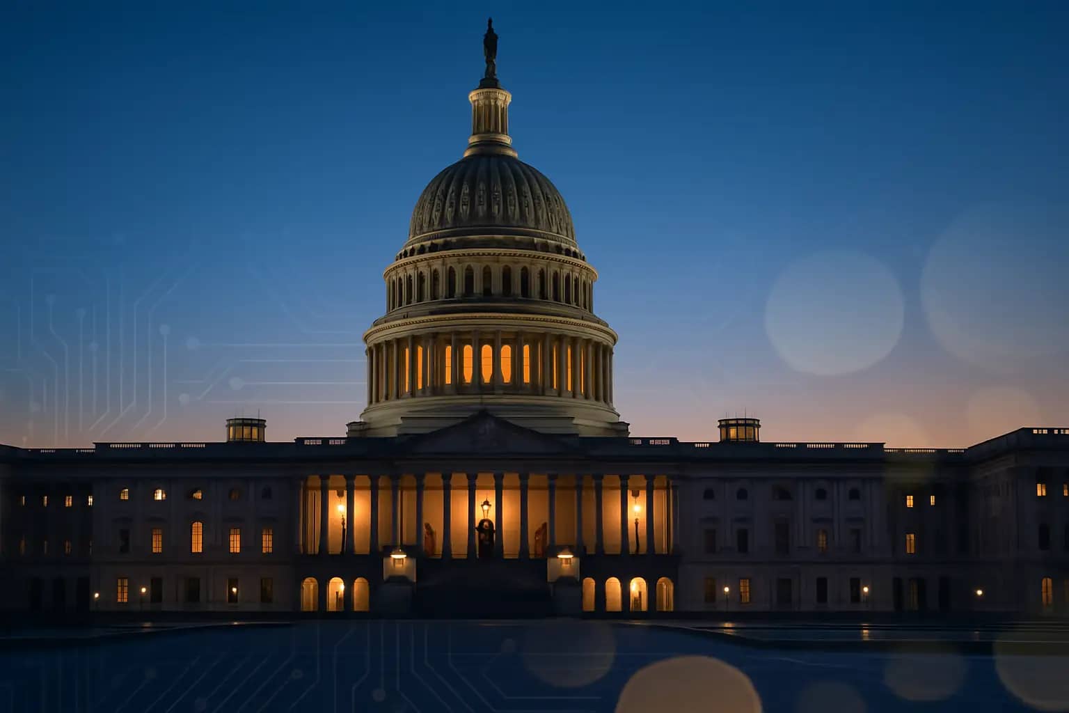 Capitol building with financial technology icons overlaid on a blue background