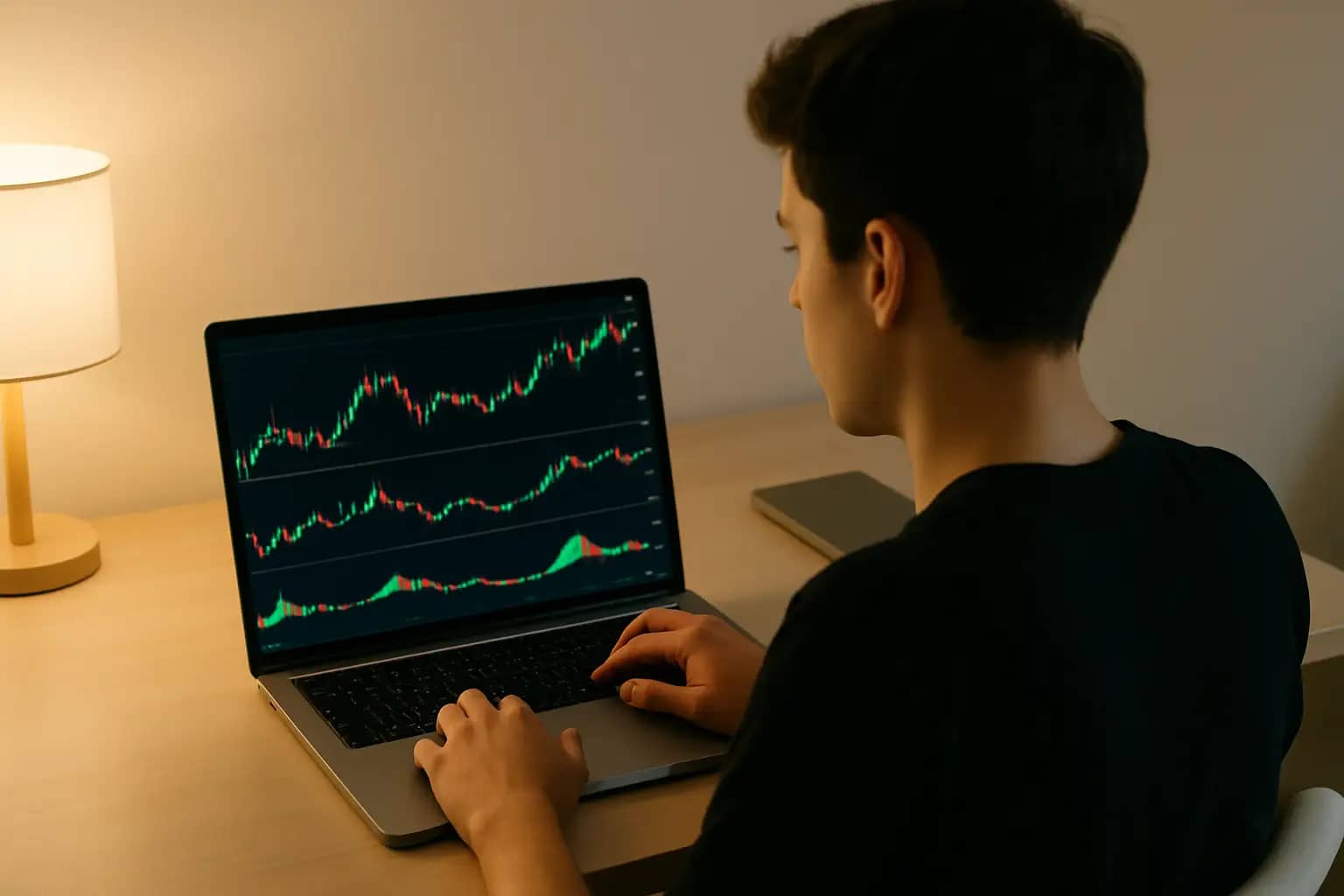 A person viewing crypto trading charts on a laptop with token icons visible on screen