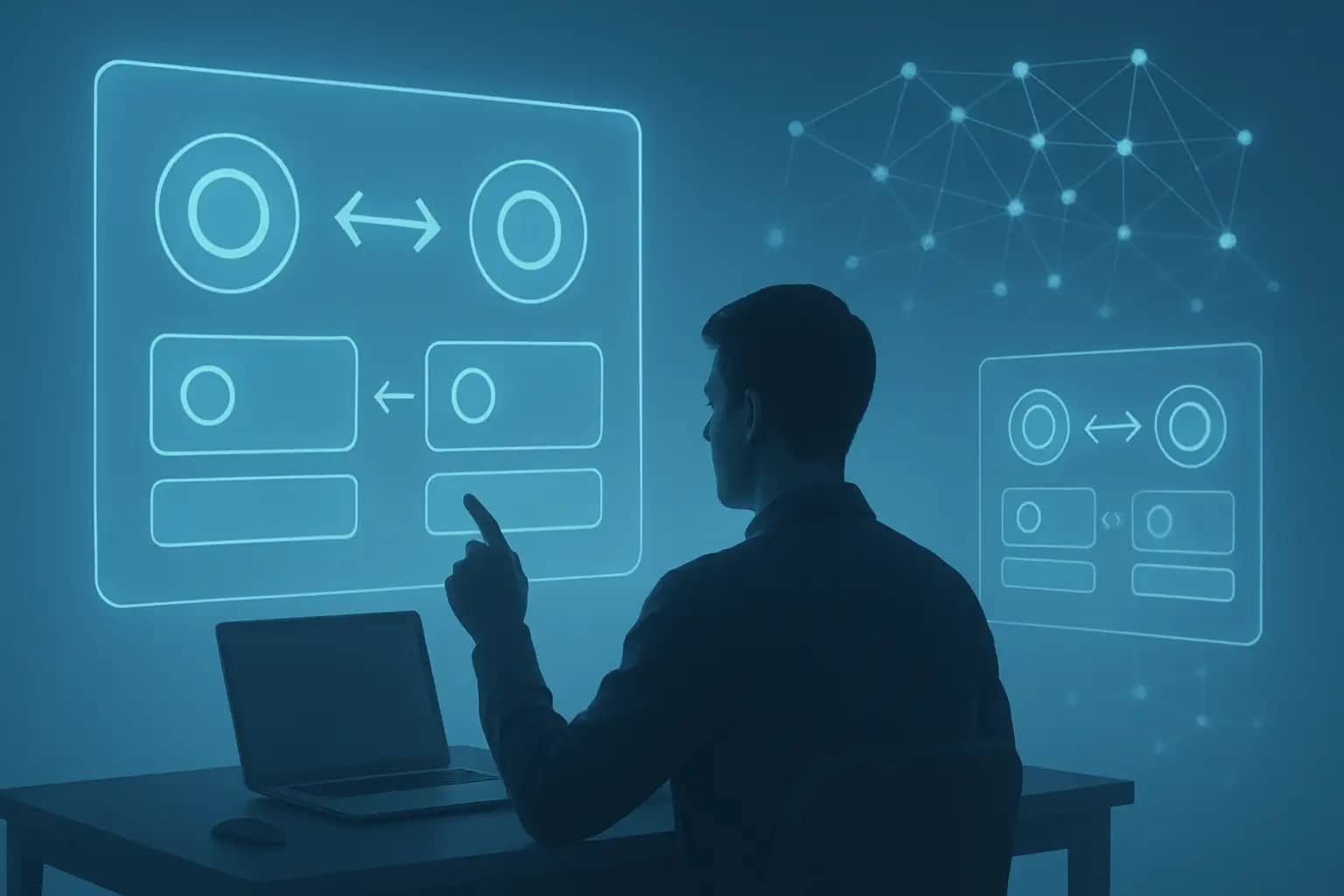 A digital illustration of a person interacting with a decentralized exchange interface on a glowing screen, surrounded by Ethereum token symbols