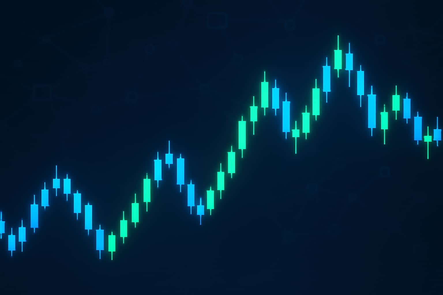 Abstract digital chart showing cryptocurrency price trend lines in blue and green on a dark background