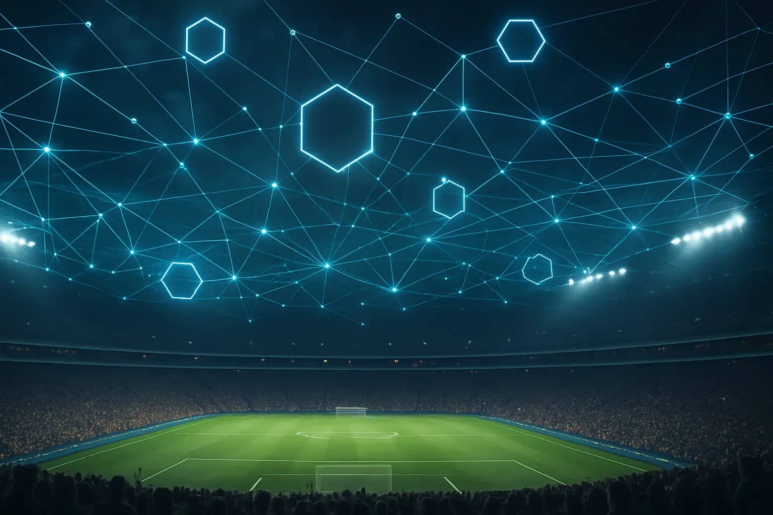 A packed football stadium at night with digital blockchain network graphics overlaid on the crowd