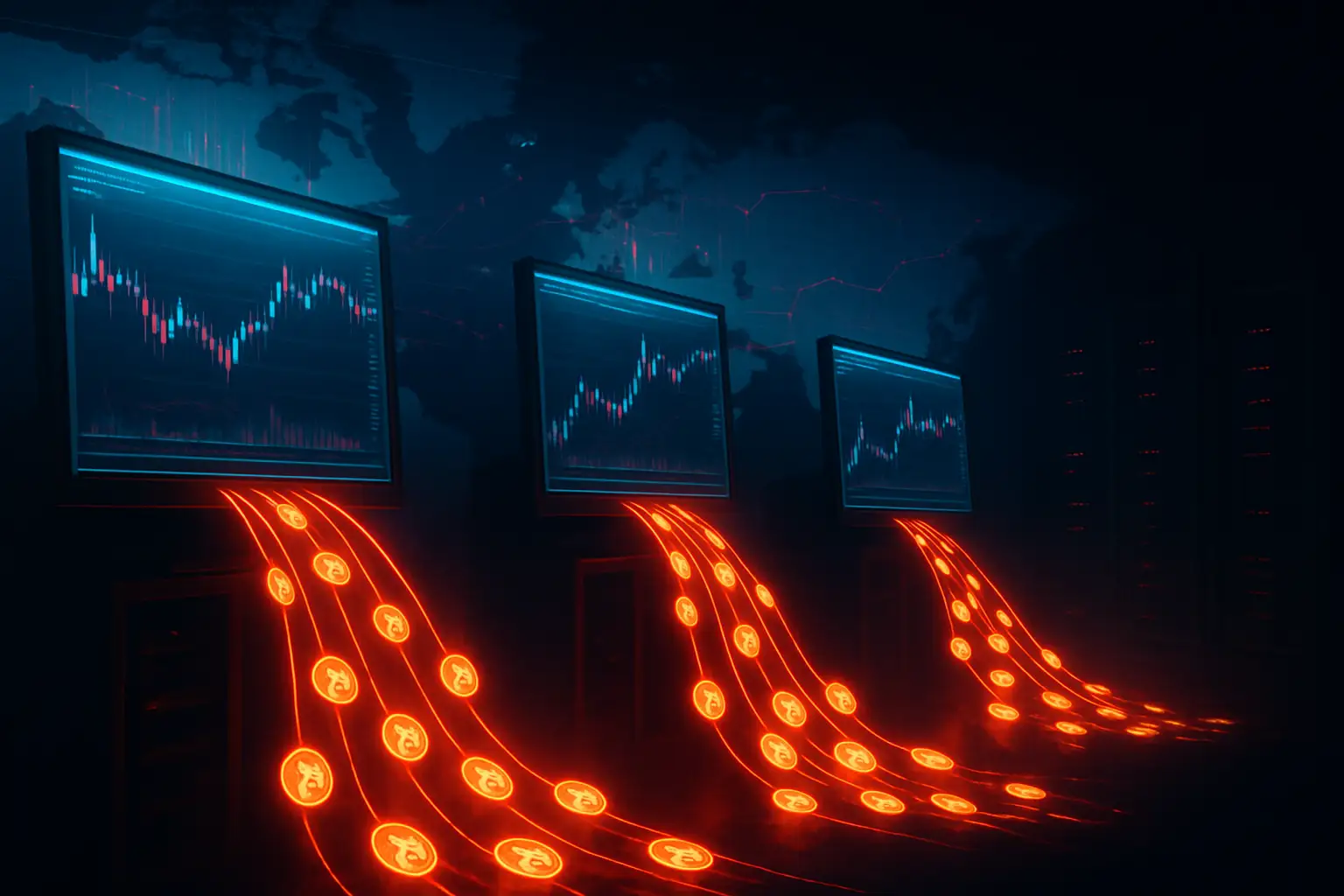 Glowing cryptocurrency symbols being siphoned into a dark silhouette representing a hidden network of hackers