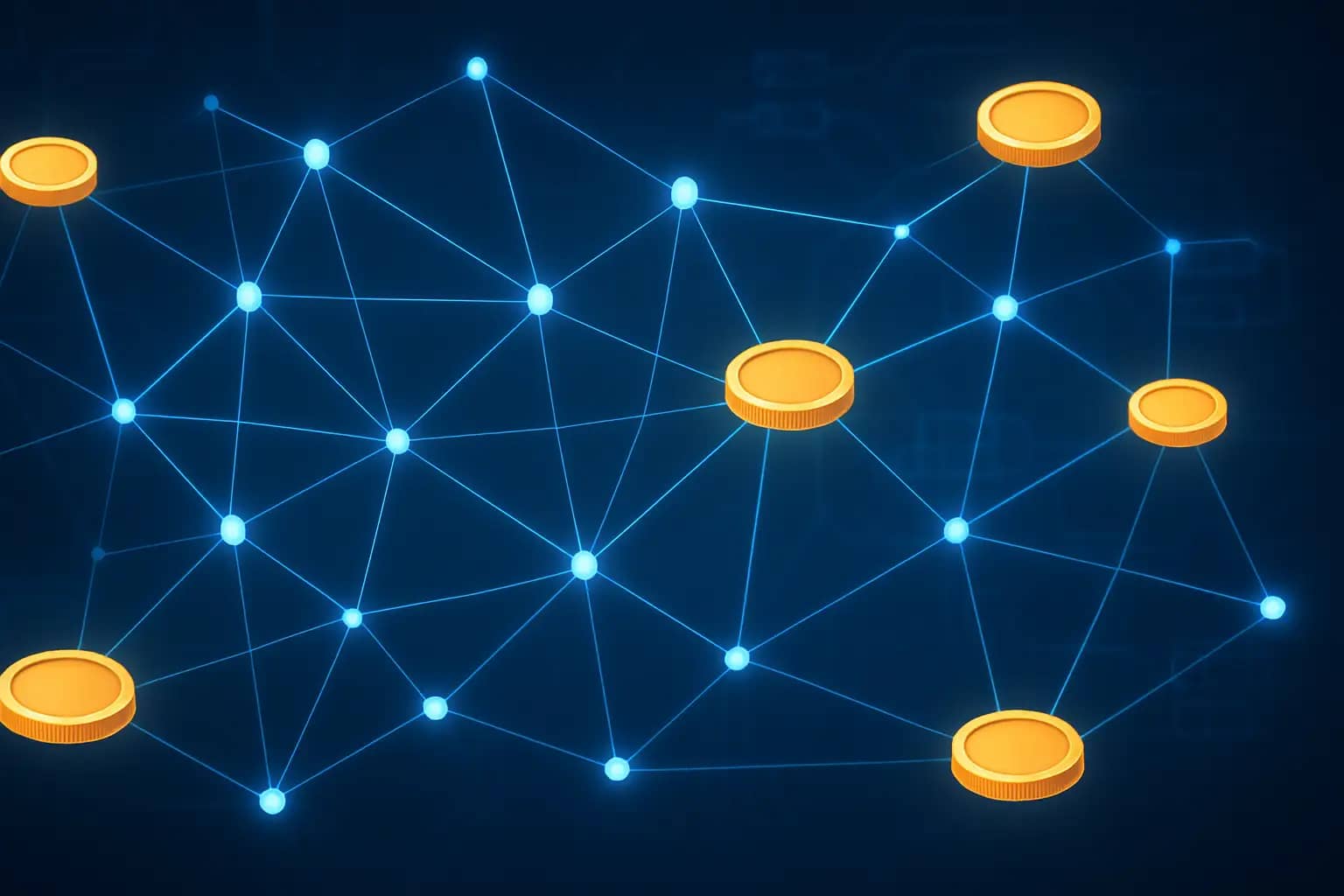 Digital coins and blockchain network visualized in blue and green tones