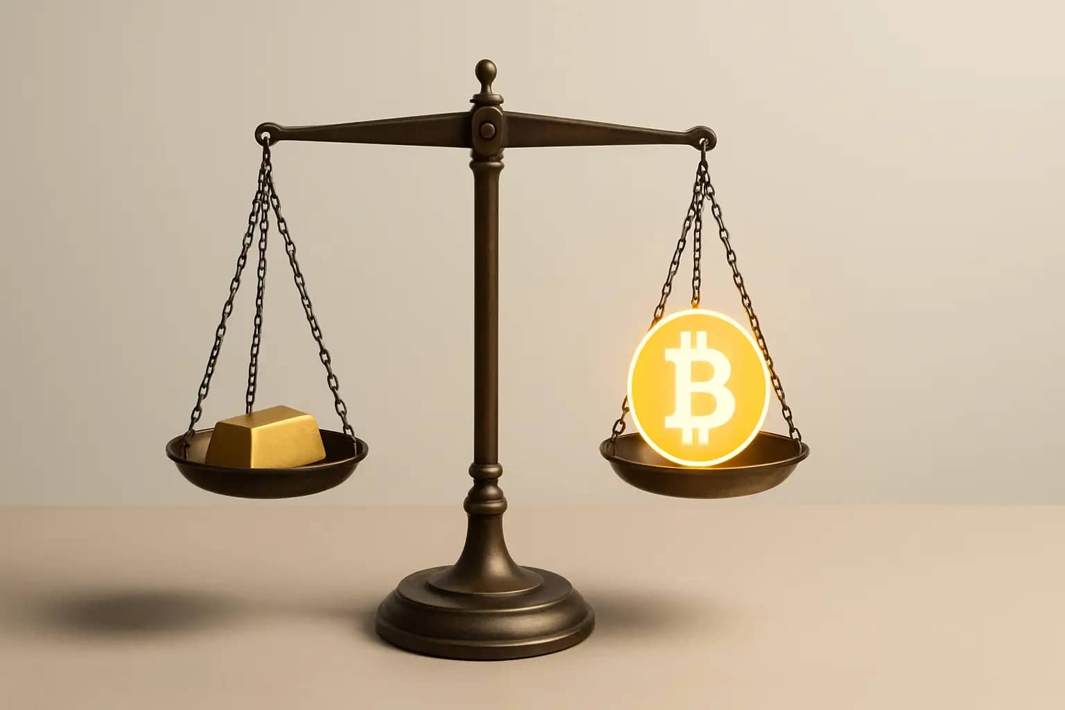 Abstract illustration of a gold bar and a digital coin sitting on opposite sides of a balance scale