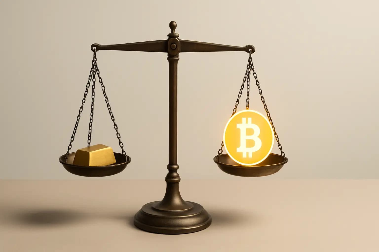 Abstract illustration of a gold bar and a digital coin sitting on opposite sides of a balance scale