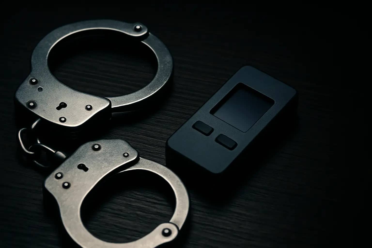 Handcuffs resting next to a hardware cryptocurrency wallet on a wooden table