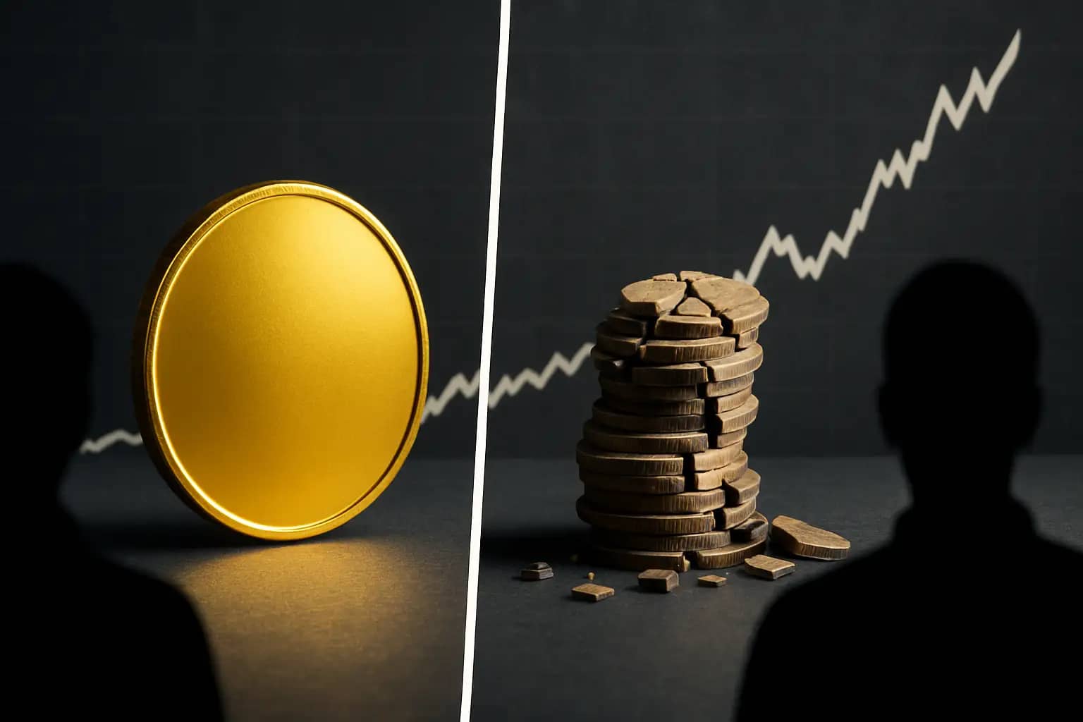 Illustration of a rising crypto chart with contrasting winner and loser silhouettes