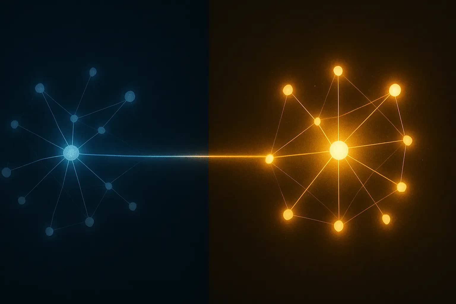 A digital illustration of two interconnected blockchain networks with a timeline separating their origins