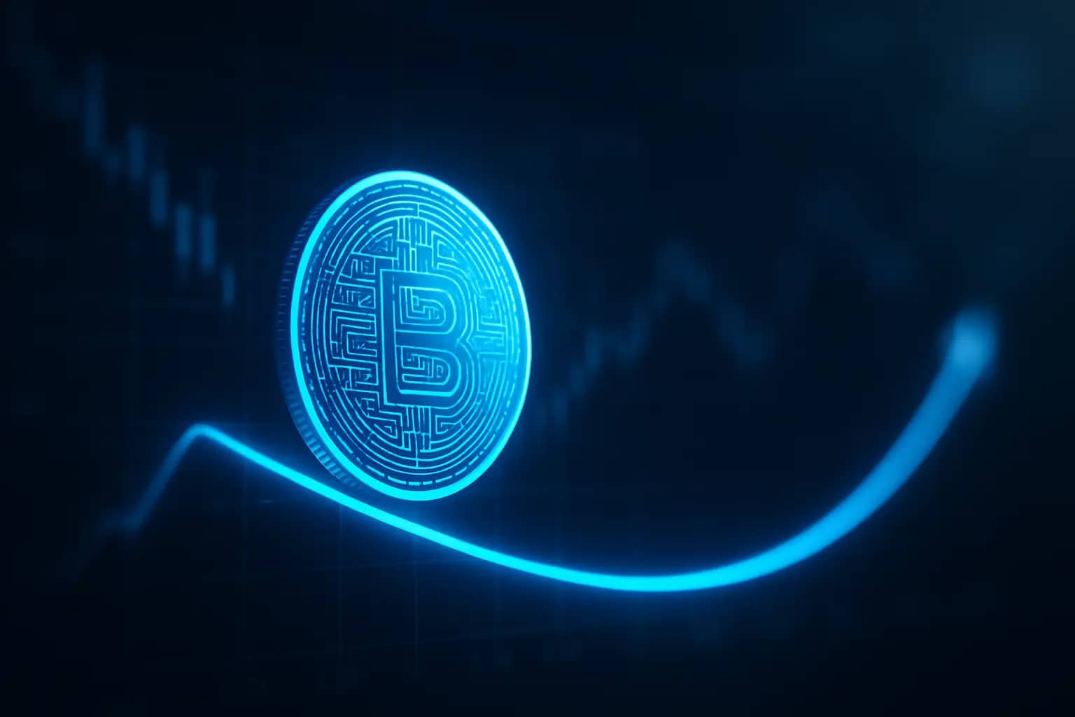 XRP token symbol glowing against a dark financial chart background showing a price dip followed by an upward arrow