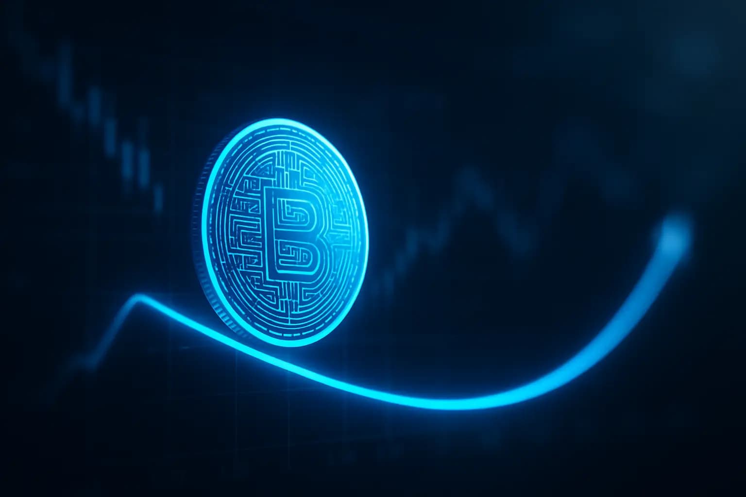 XRP token symbol glowing against a dark financial chart background showing a price dip followed by an upward arrow