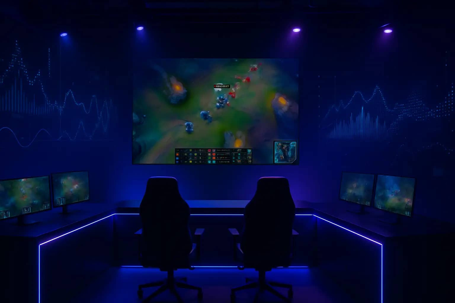 A futuristic esports broadcast studio with glowing screens and automated production equipment