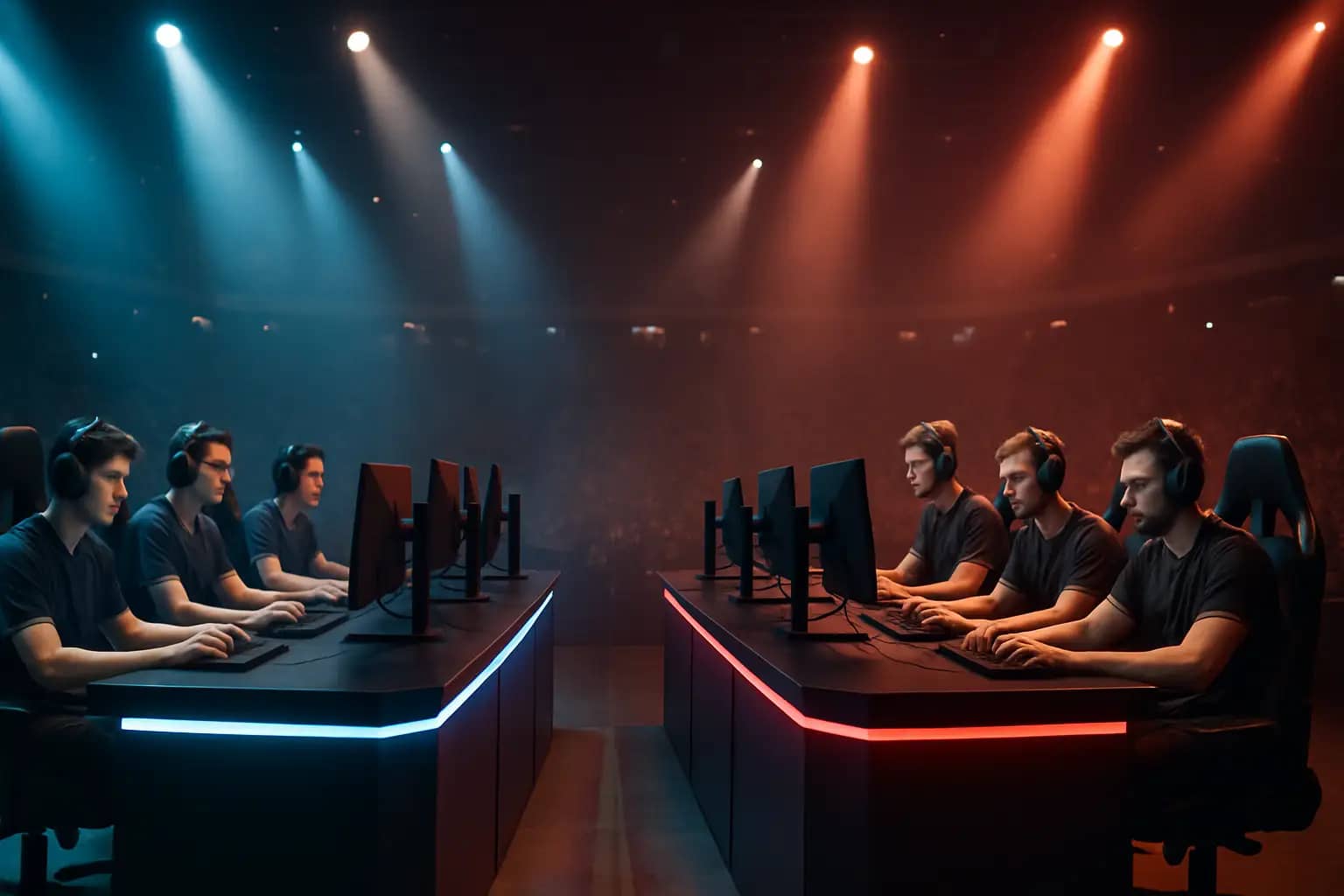 Two professional Valorant teams competing on stage at a large esports arena during the Esports World Cup 2026