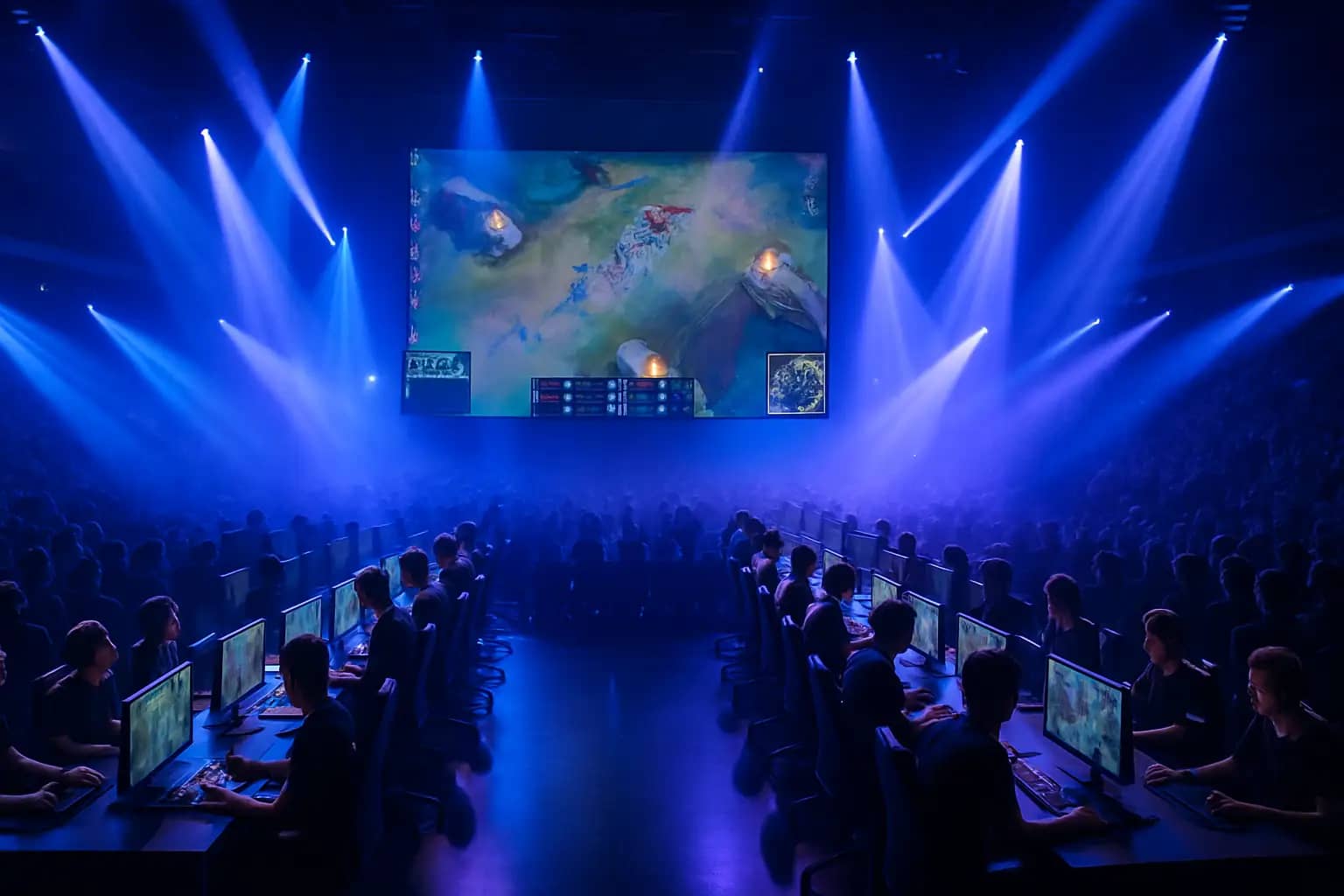 Competitive gaming arena lit with blue and purple stage lighting, players seated at PCs facing a large tournament screen