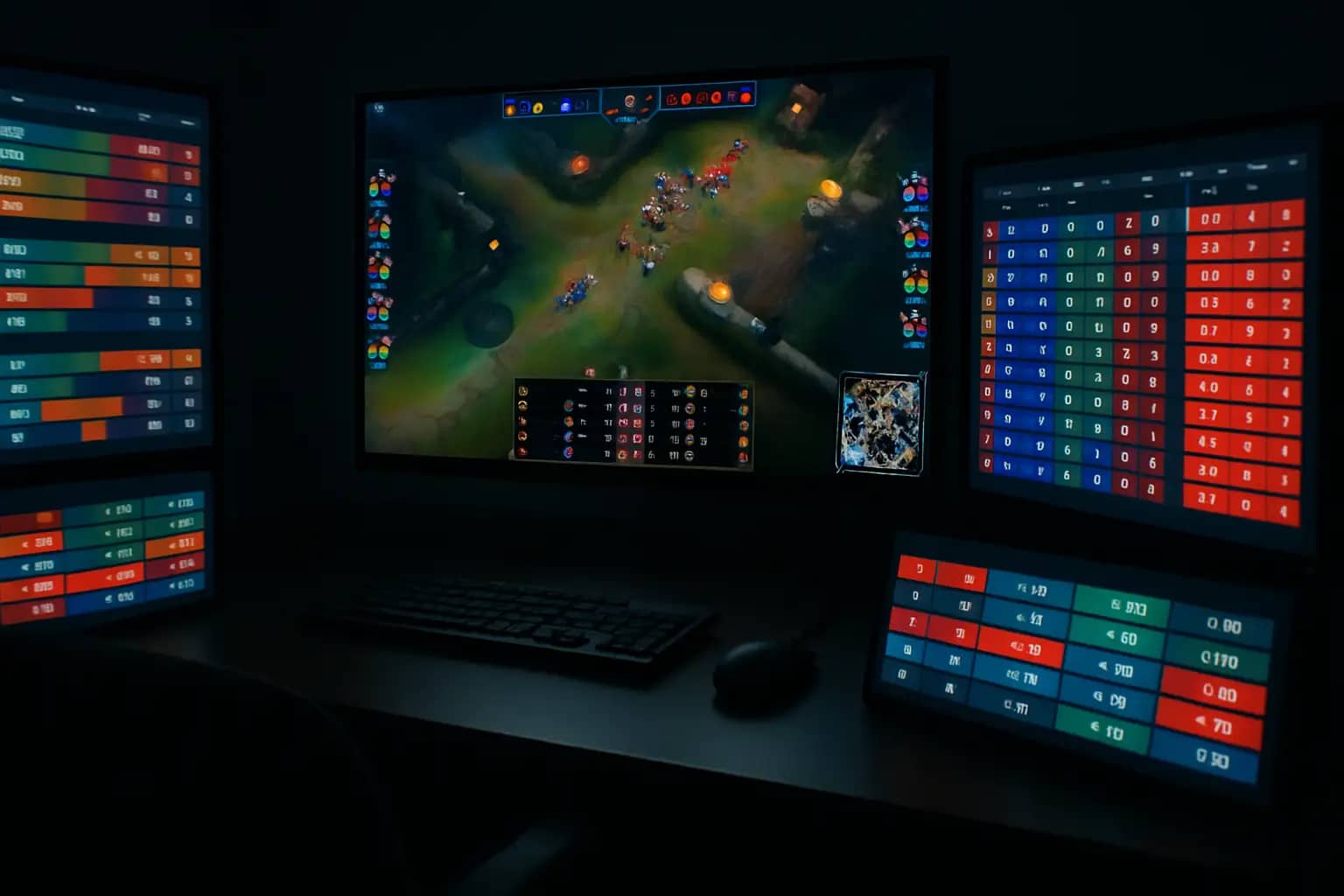 A glowing monitor displaying esports match statistics in a dark betting operations room