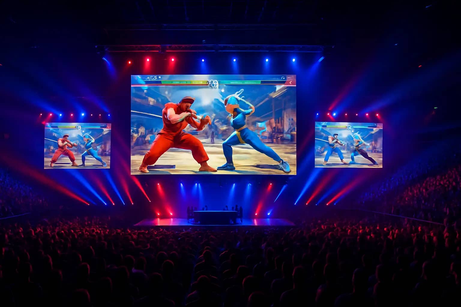 A crowded esports tournament arena with large screens displaying fighting game footage and spectators watching intently