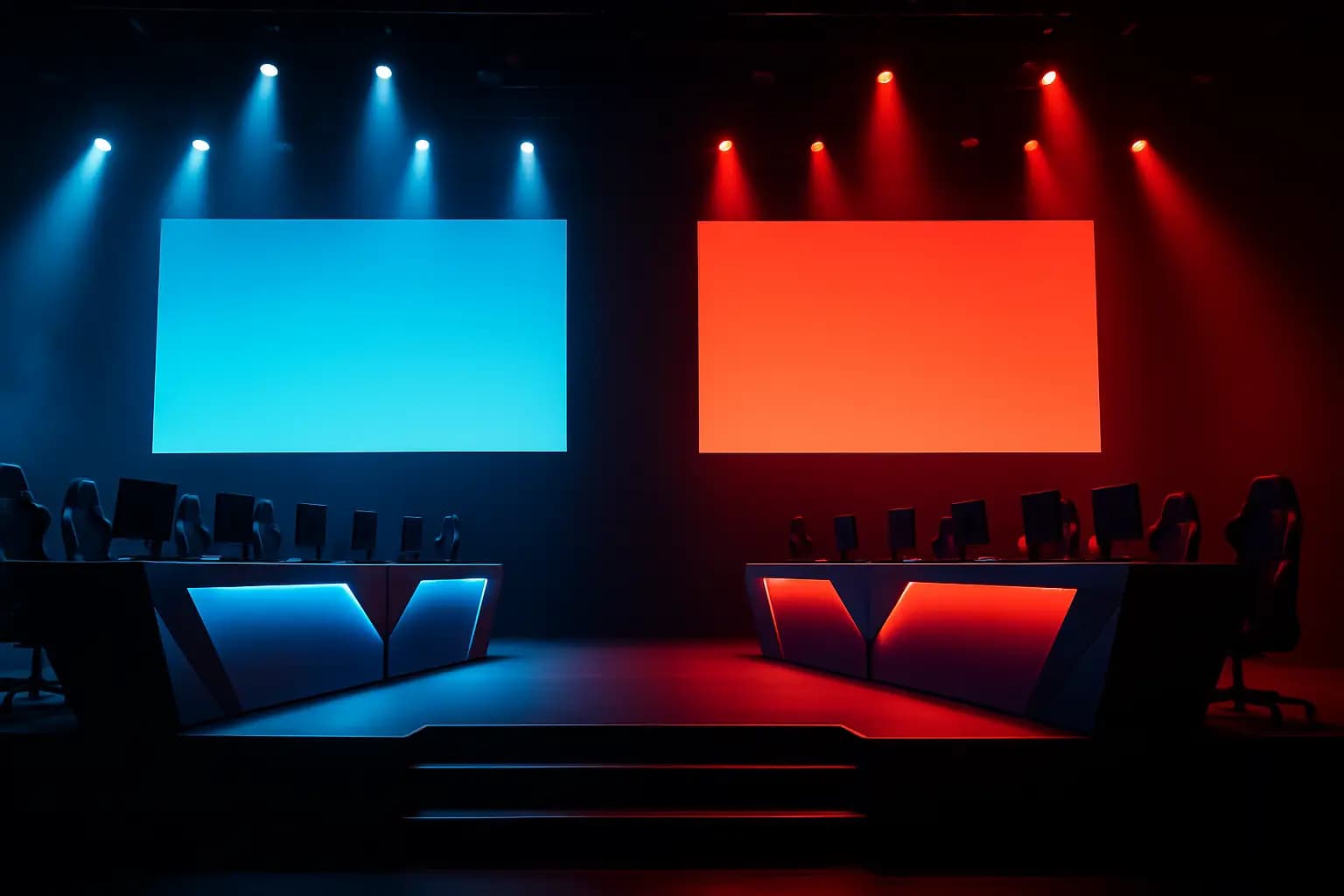 A League of Legends esports stage with team banners and dramatic tournament lighting