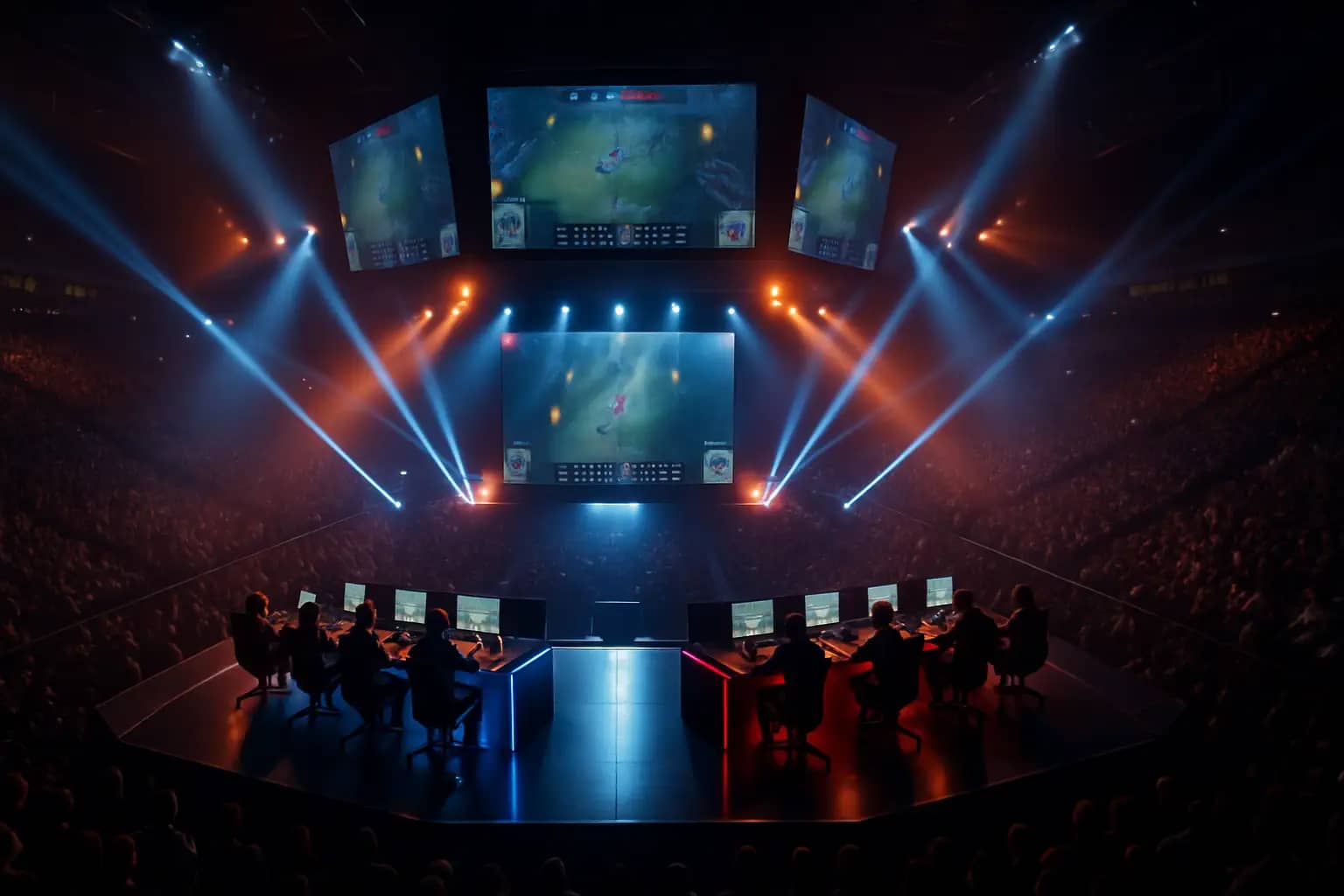 A competitive esports arena filled with screens and players representing their country at an international tournament