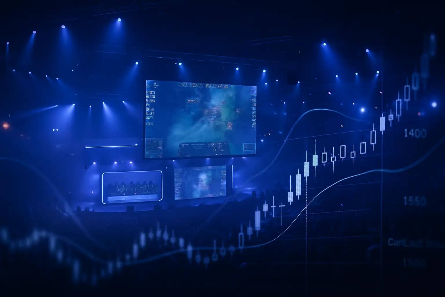 Esports arena with digital trading charts overlaid on a match broadcast screen