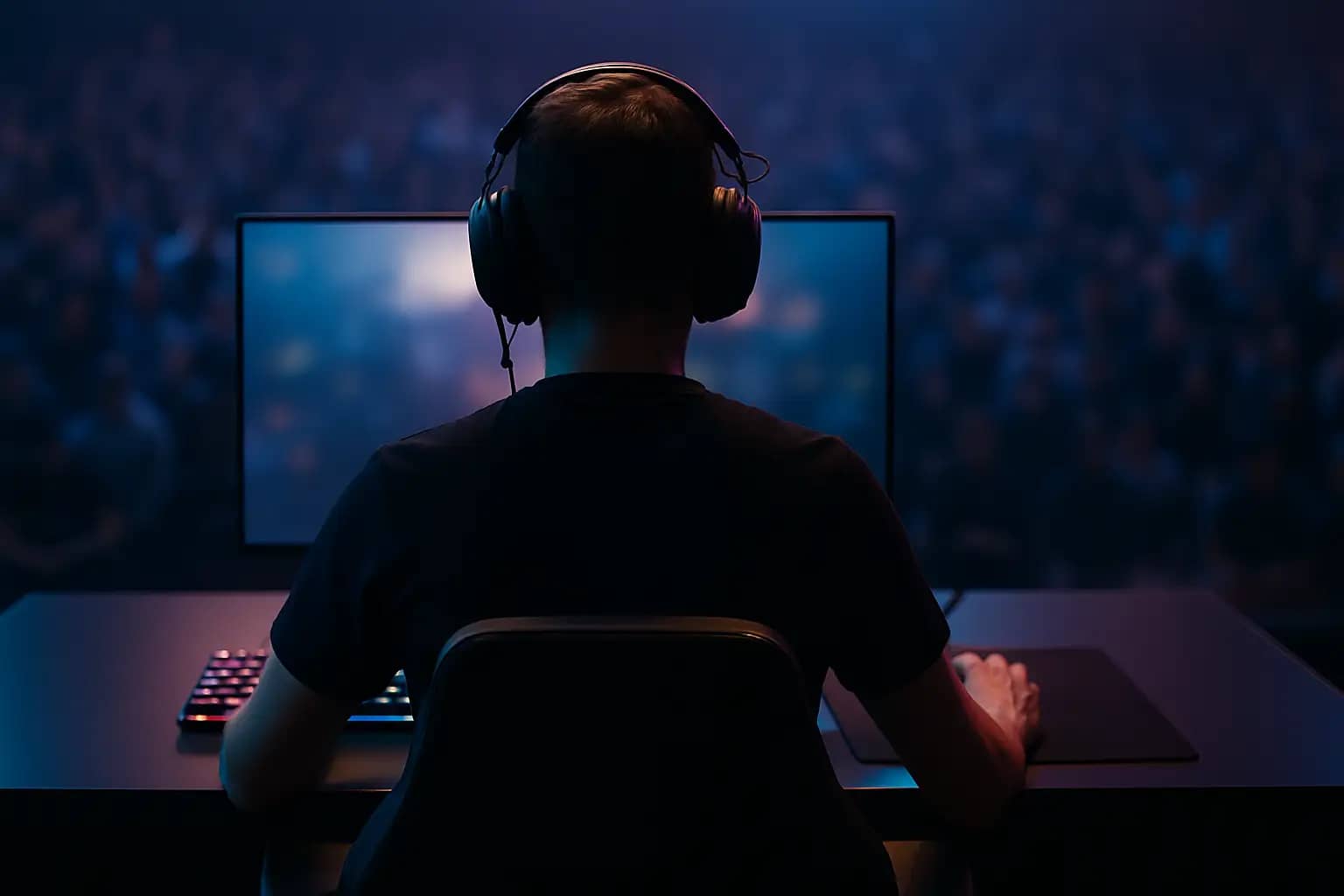 A CS2 player at a tournament desk with team branding in the background