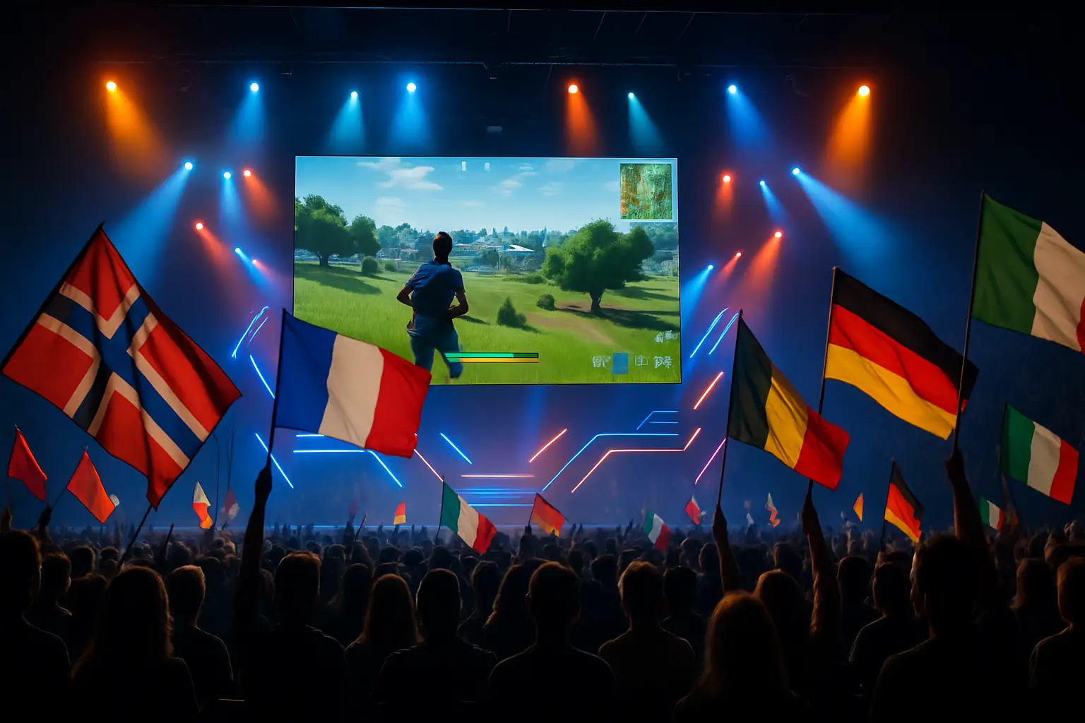 A large esports arena filled with fans waving national flags during a PUBG Nations Cup broadcast