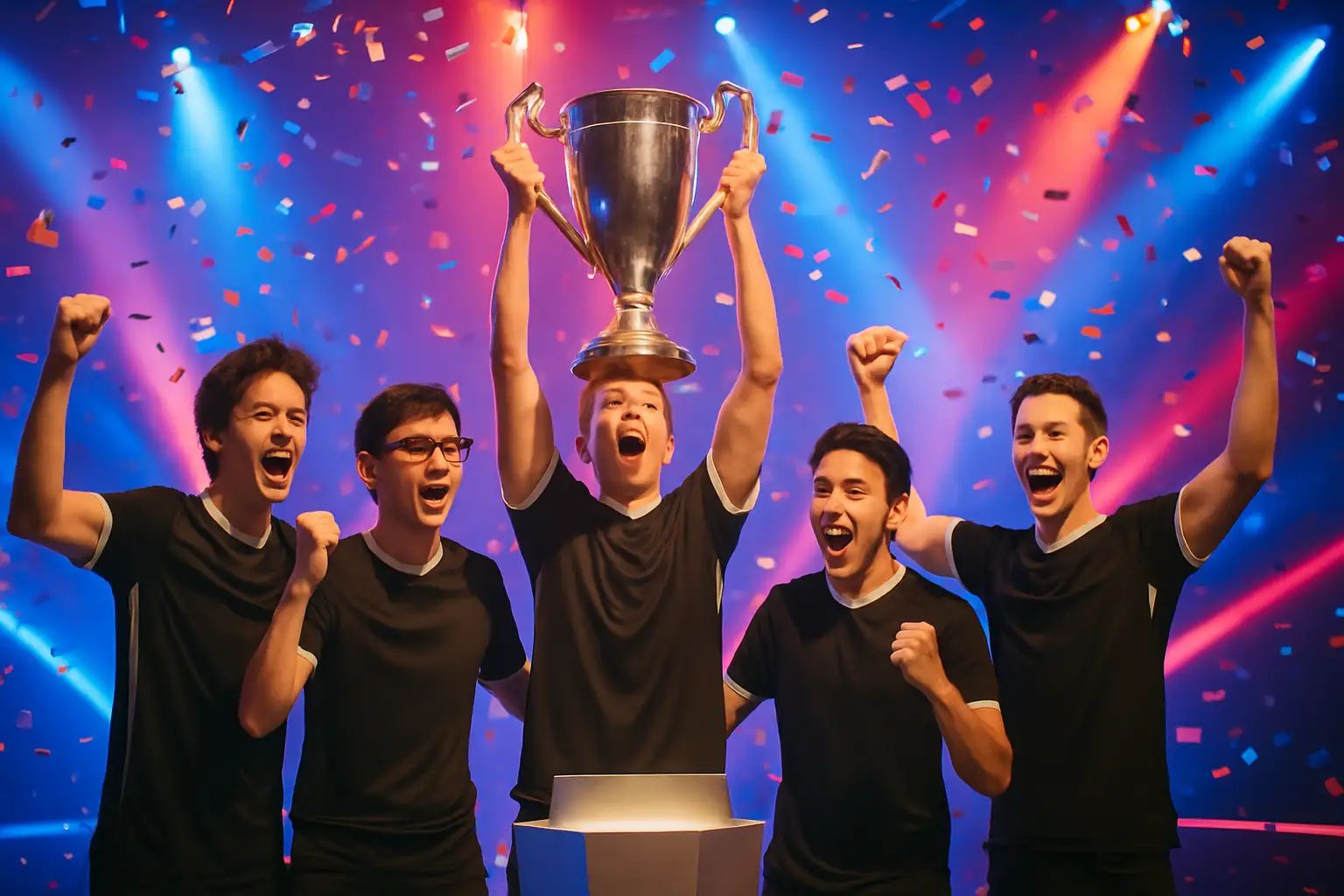 Esports team celebrating a championship victory on a large stage with trophies
