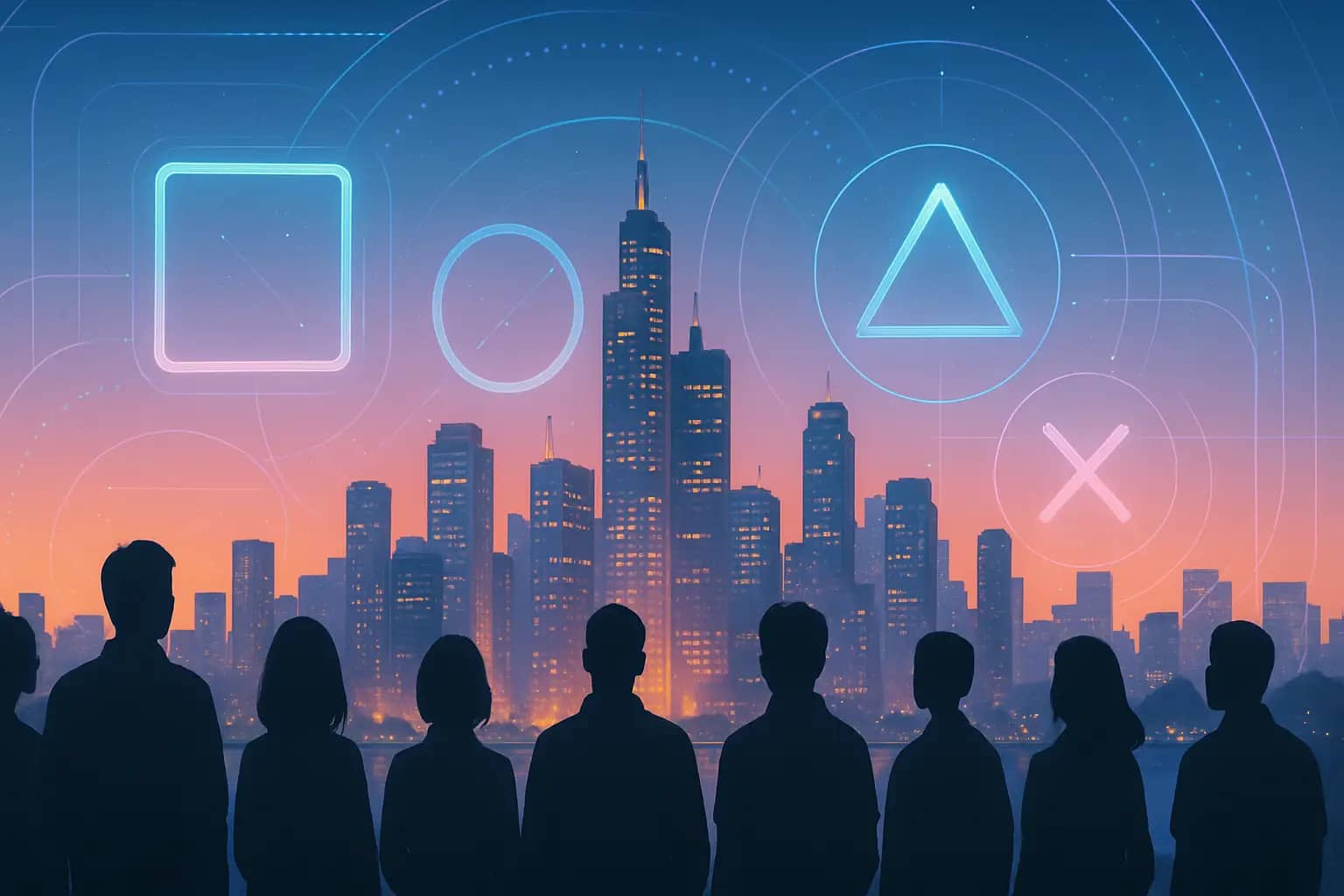 A skyline view of Los Angeles at dusk with colorful gaming-themed light projections over the city