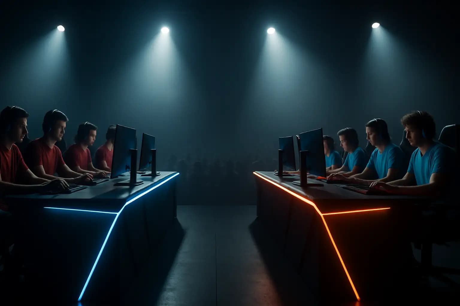 Two eSports teams competing on stage under bright arena lighting