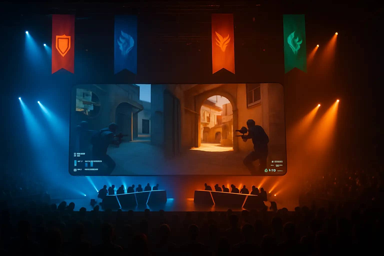 Rainbow Six Siege esports arena with South American team colors on display screens