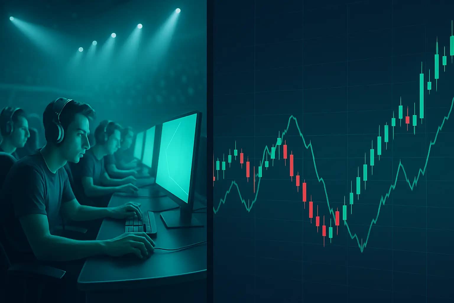 Two esports teams facing off on a digital arena stage with trading chart overlays in the background
